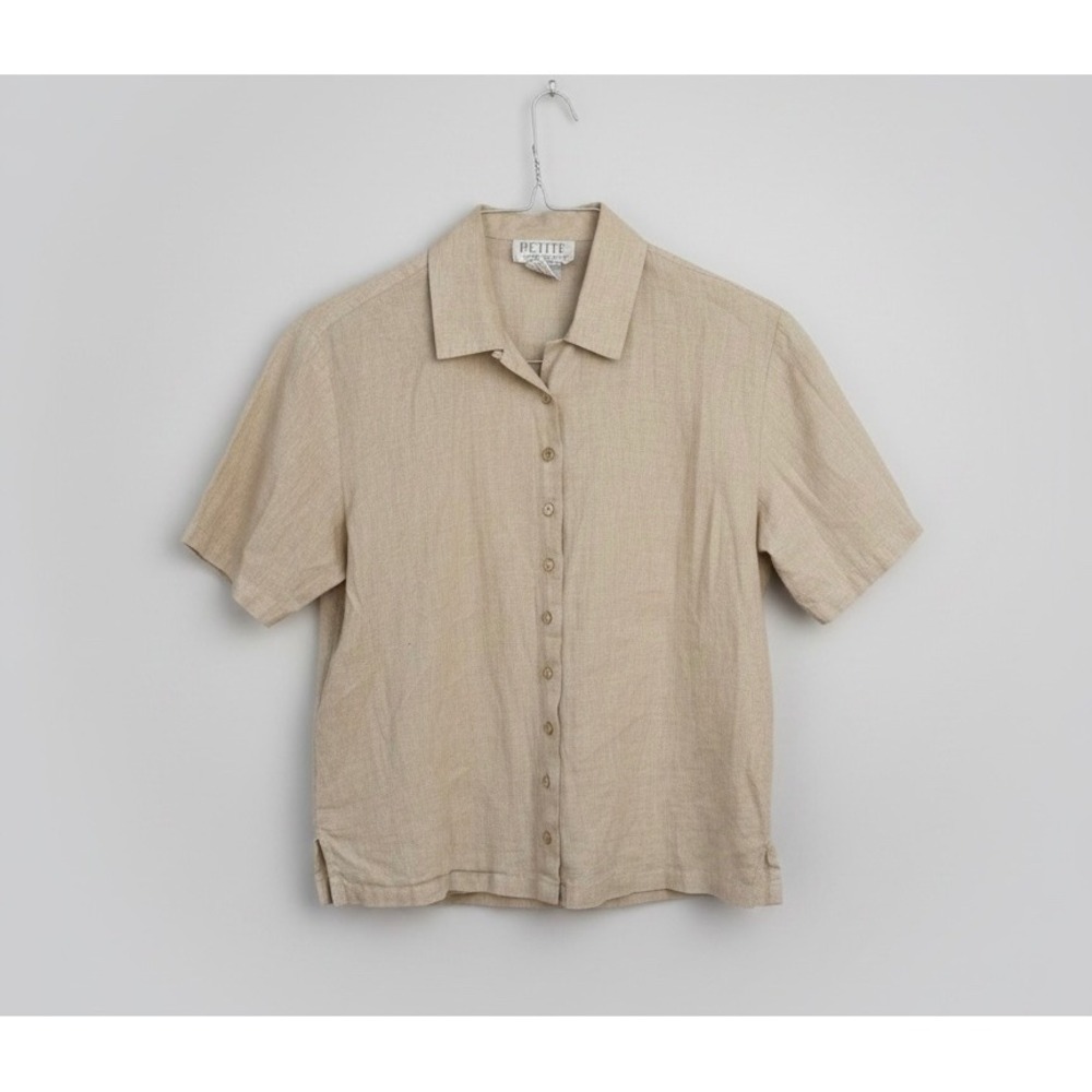 Petite Sophisticate Linen Cotton Blend Short Sleeve Button Down Shirt Beige M